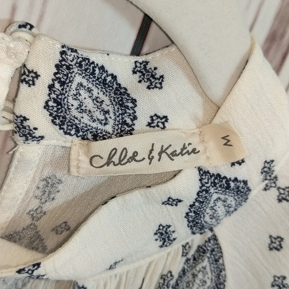 Chloe & Katie Peasant Shirt Cream Navy Cottage Hippie Sheer Boho Prairie Casual - Picture 13 of 14